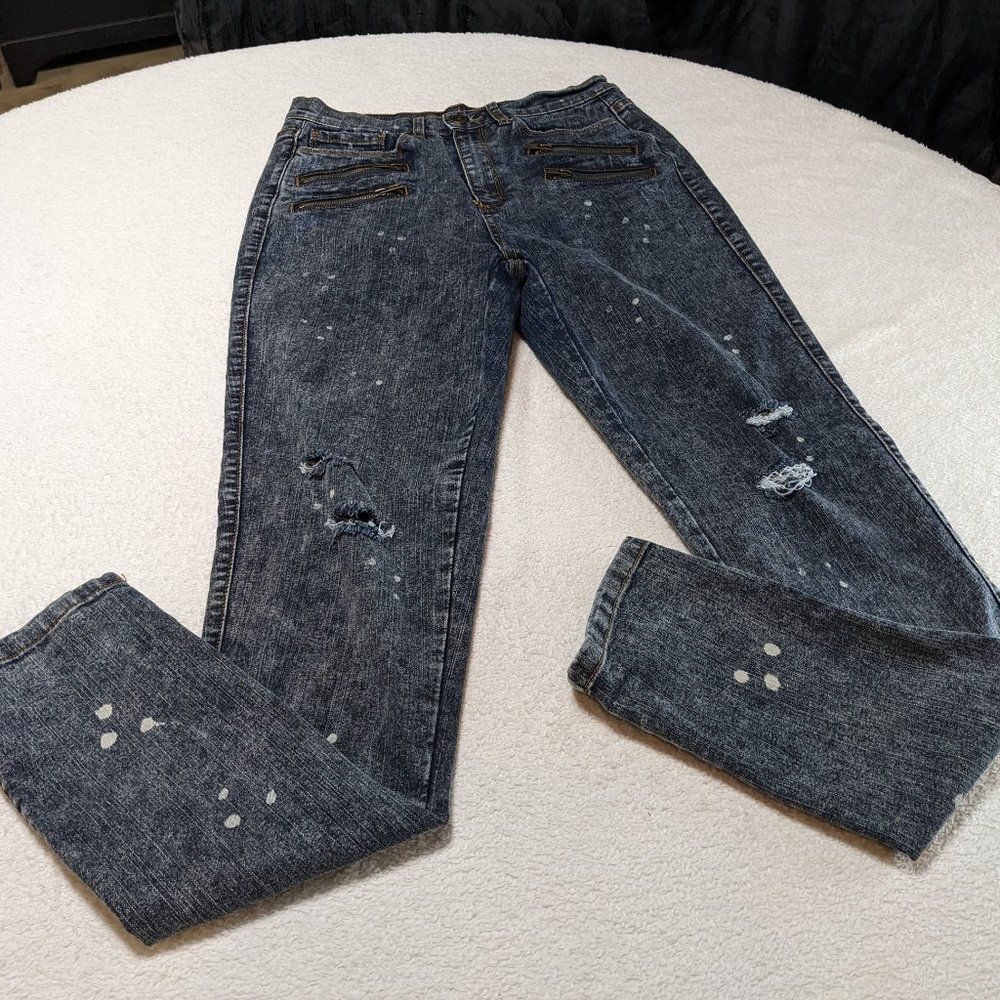 Spoon High Waist Distressed Paint Splattered Denim Jeans Skinny Leg -size 9